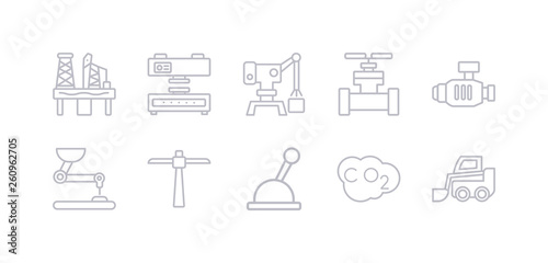simple gray 10 vector icons set such as skid loader, co2, lever, pick, pushcart, pump, oil valve. editable vector icon pack