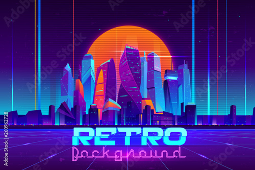 Retro background in neon colors cartoon vector with illuminated future city skyscrapers buildings, digital Utopia metropolis downtown illustration. Cyberpunk, vaporwave music party banner template