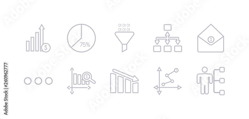 simple gray 10 vector icons set such as department head, depleting chart, diagram, dollar analysis bars, dot, email analytics, flow chart. editable vector icon pack