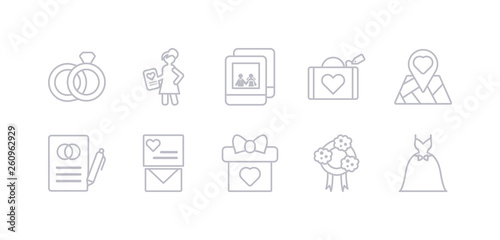 simple gray 10 vector icons set such as wedding dress, wedding flowers, wedding gift, invitation, letter, location, luggage. editable vector icon pack