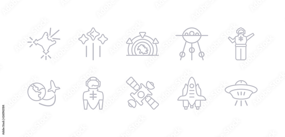 simple gray 10 vector icons set such as space ship, space shuttle, space station, suit, travel, spaceman, sputnik. editable vector icon pack