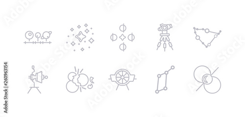 simple gray 10 vector icons set such as pulsar, lyra constellation, airscrew, big bang, voyager, capricorn, reflector. editable vector icon pack
