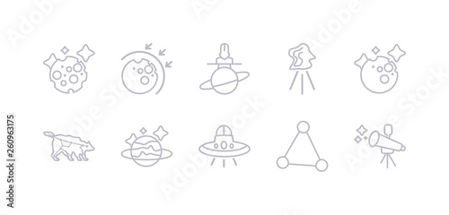 simple gray 10 vector icons set such as telescope, triangulam australe, ufo, uranus, ursa major, venus, aerolite. editable vector icon pack