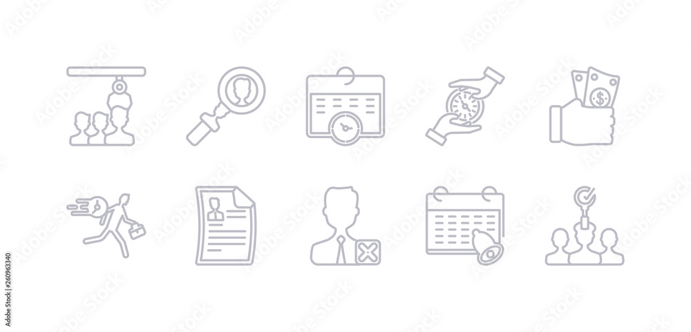 simple gray 10 vector icons set such as recruitment, reminder, remove user, resume, rush, salary, save time. editable vector icon pack simple gray 10 vector icons set such as recruitment, reminder, remove user, resume, rush, salary, save time. editable vector icon pack