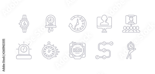 simple gray 10 vector icons set such as time pressure, timeline, timer, timing, urgent, video conference, videocall. editable vector icon pack