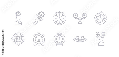 simple gray 10 vector icons set such as skills, staff, stopclock, stopwatch, target audience, time, time balance. editable vector icon pack