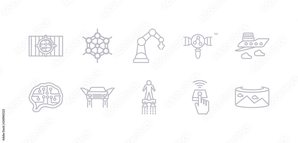 simple gray 10 vector icons set such as field of view, finger control, flyboard, flying car, future brain, fyling vehicle, genetic modification. editable vector icon pack