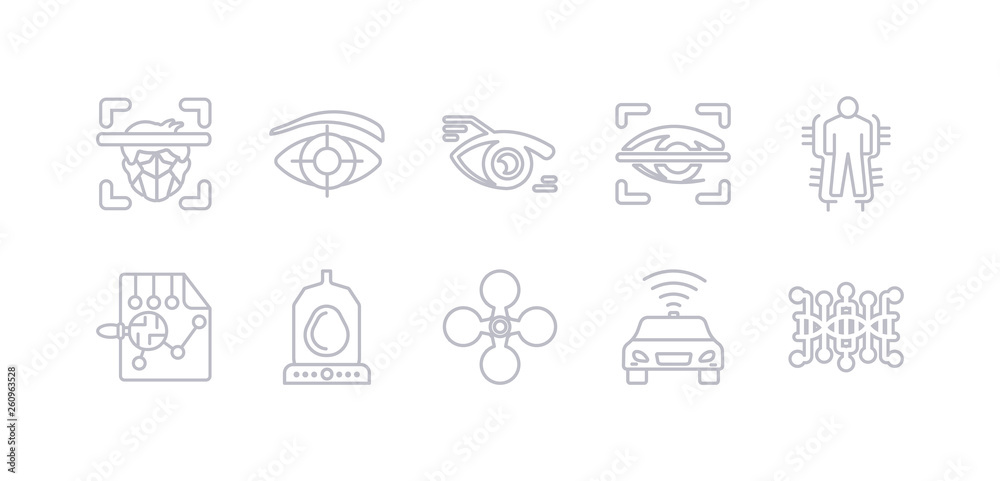 simple gray 10 vector icons set such as dna structure, driverless autonomous car, drone, egg incubator, evaluation, exoskeleton, eye scan. editable vector icon pack