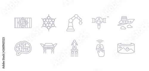 simple gray 10 vector icons set such as field of view, finger control, flyboard, flying car, future brain, fyling vehicle, genetic modification. editable vector icon pack