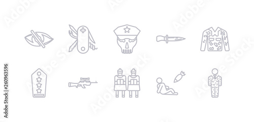 simple gray 10 vector icons set such as conscription, civilian, terracotta, sniper rifle, shoulder strap, camouflage military clothing, combat knife. editable vector icon pack
