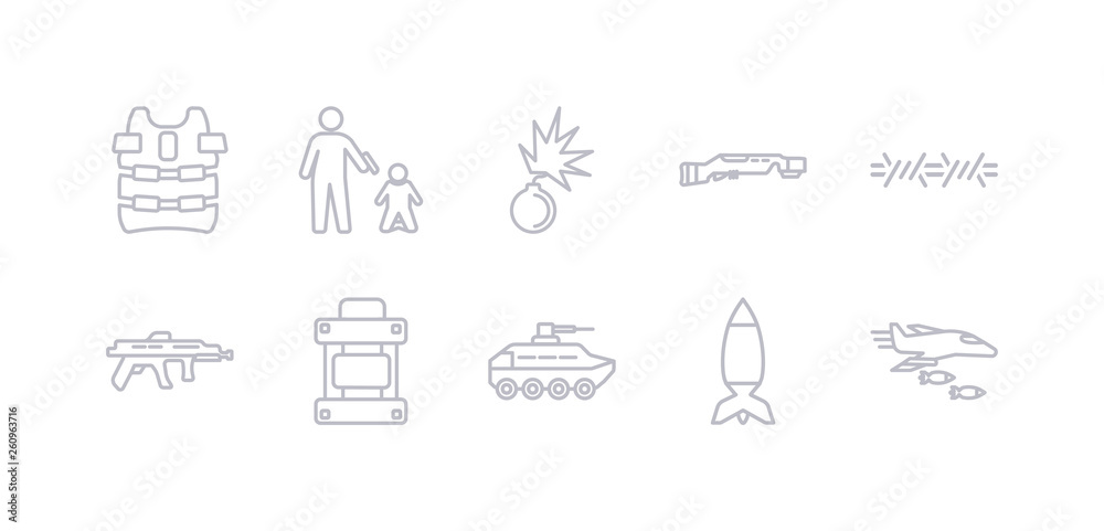 simple gray 10 vector icons set such as air force, airplane bomb, armo vehicle, army backpack, automatic gun, barbed, bayonet on rifle. editable vector icon pack