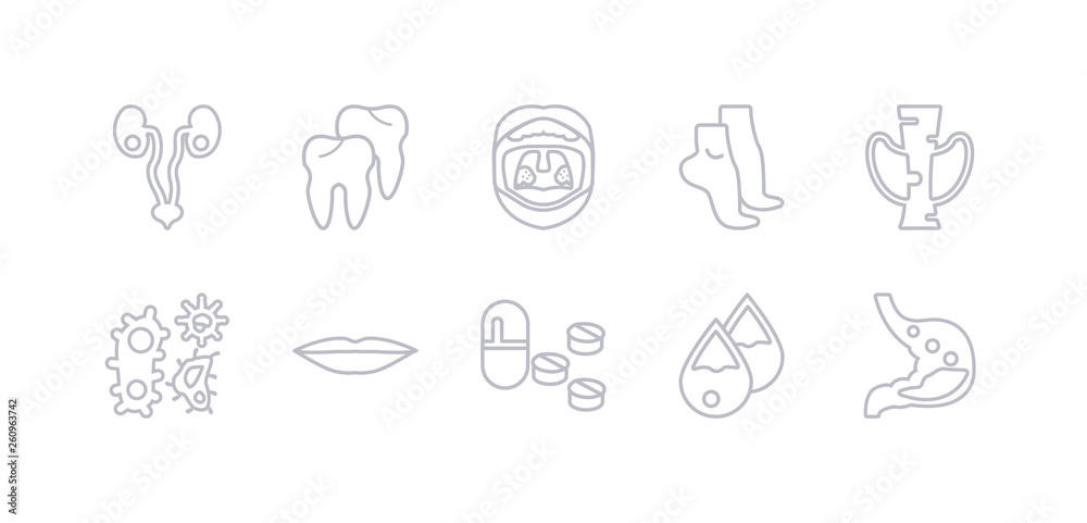 simple gray 10 vector icons set such as stomach with liquids, sweat or tear drop, tablet and capsule medications, thin lips, three bacteria, thyroid, tiptoe feet. editable vector icon pack