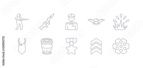 simple gray 10 vector icons set such as chamber, chevrons, condecoration, depth charge, dog tag, explosion, fighter plane. editable vector icon pack