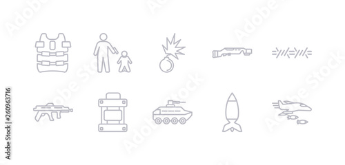 simple gray 10 vector icons set such as air force, airplane bomb, armo vehicle, army backpack, automatic gun, barbed, bayonet on rifle. editable vector icon pack