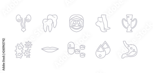 simple gray 10 vector icons set such as stomach with liquids  sweat or tear drop  tablet and capsule medications  thin lips  three bacteria  thyroid  tiptoe feet. editable vector icon pack