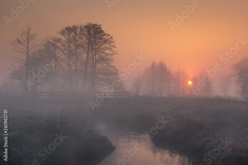 Valley of the Jeziorka River on a foggy morning near Piaseczno, Masovia, Poland