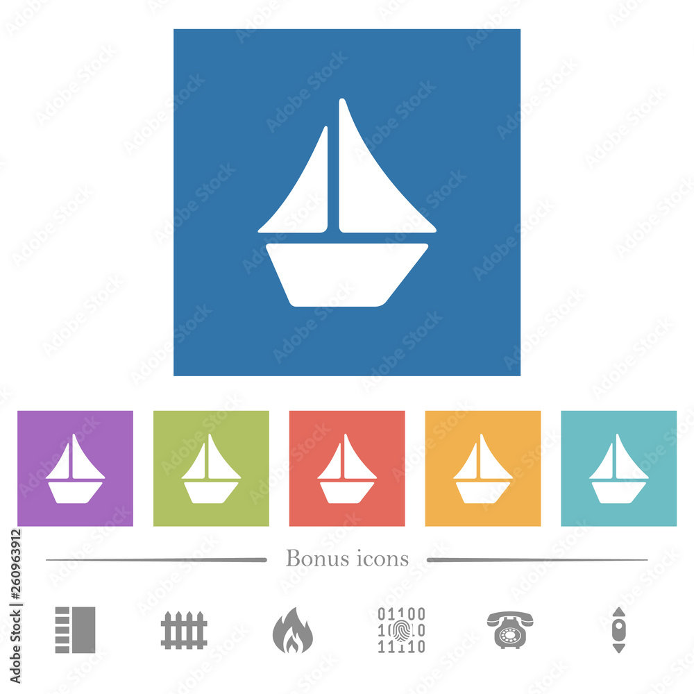 Sailboat flat white icons in square backgrounds