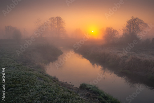 Valley of the Jeziorka River on a foggy morning near Piaseczno, Masovia, Poland