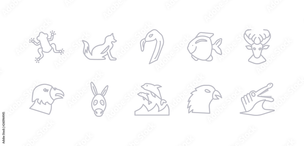 simple gray 10 vector icons set such as crocodile, crow, dolphin, donkey, eagle, elk, fish. editable vector icon pack