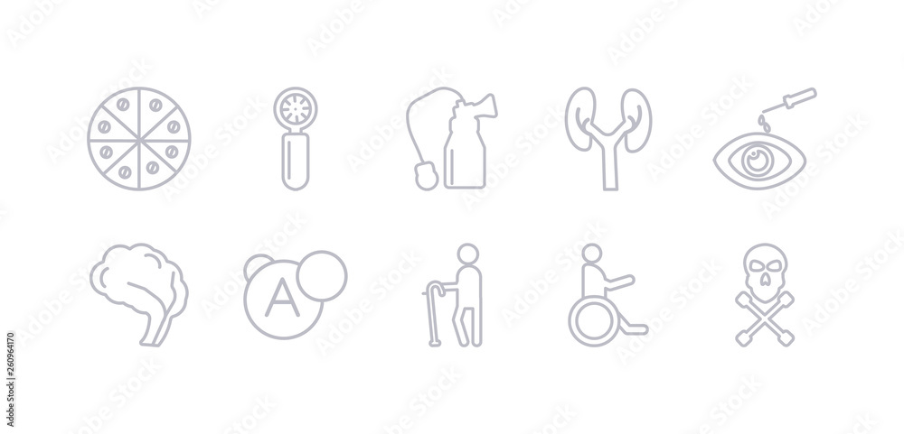 simple gray 10 vector icons set such as poisonous, non ionizing radiation, walking stick, vitamin, neurology, optometrist, urology. editable vector icon pack simple gray 10 vector icons set such as poisonous, non ionizing radiation, walking stick, vitamin, neurology, optometrist, urology. editable vector icon pack