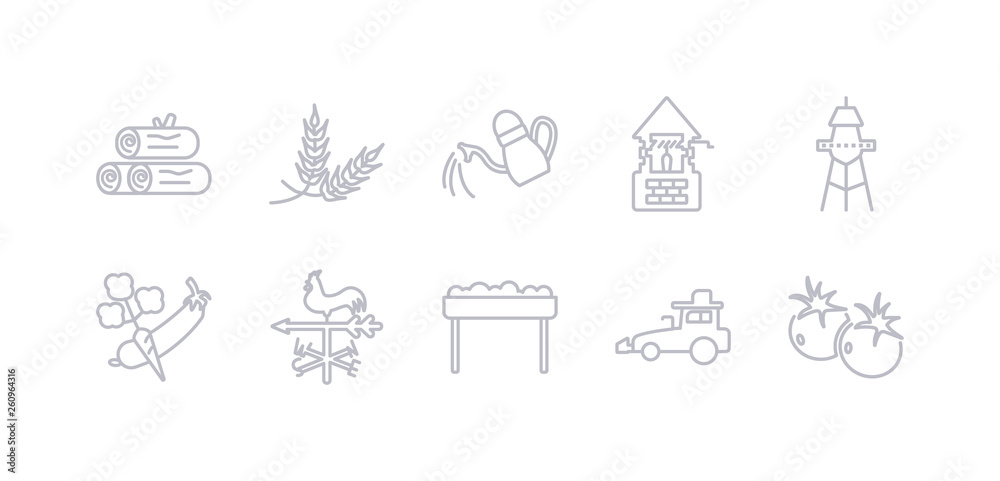 simple gray 10 vector icons set such as tomato, tractor, trough, vane, vegetable, water tower, water well. editable vector icon pack