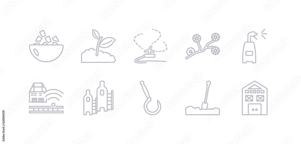 simple gray 10 vector icons set such as shed, shovel, sickle, silo, smart farm, sprayer, spring flower. editable vector icon pack