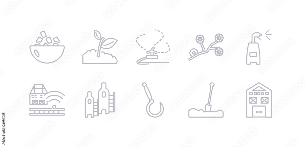 simple gray 10 vector icons set such as shed, shovel, sickle, silo, smart farm, sprayer, spring flower. editable vector icon pack simple gray 10 vector icons set such as shed, shovel, sickle, silo, smart farm, sprayer, spring flower. editable vector icon pack