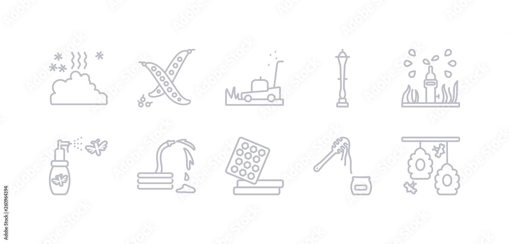 simple gray 10 vector icons set such as hive, honey, honeycomb, hose, insecticide, irrigation, lamppost. editable vector icon pack simple gray 10 vector icons set such as hive, honey, honeycomb, hose, insecticide, irrigation, lamppost. editable vector icon pack