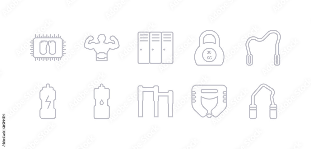 simple gray 10 vector icons set such as hand grip, headgear, horizontal bar, hydratation, isotonic, jumping rope, kettlebells. editable vector icon pack simple gray 10 vector icons set such as hand grip, headgear, horizontal bar, hydratation, isotonic, jumping rope, kettlebells. editable vector icon pack