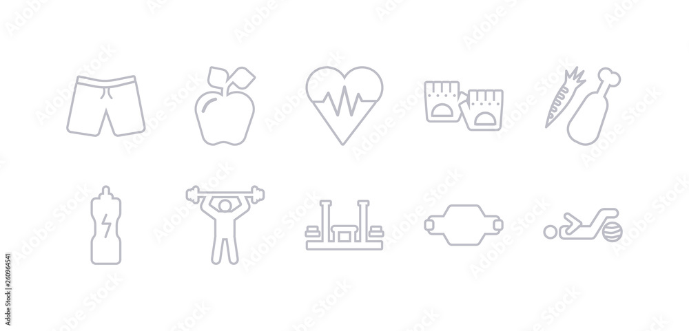 simple gray 10 vector icons set such as fitness ball, fitness belt, fitness bench, body, drink, food, gloves. editable vector icon pack simple gray 10 vector icons set such as fitness ball, fitness belt, fitness bench, body, drink, food, gloves. editable vector icon pack