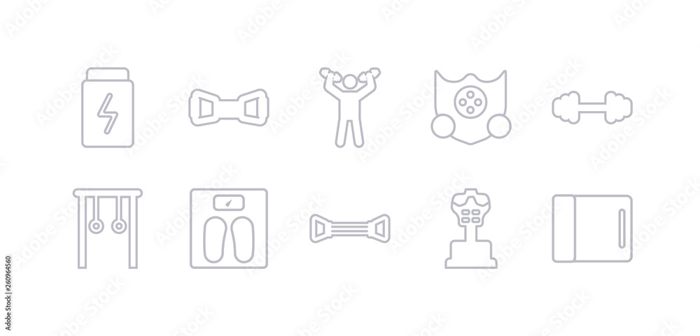 simple gray 10 vector icons set such as yoga mat, boxing mannequin, chest expander, diet, gymnastic rings, dumbbell, elevation mask. editable vector icon pack