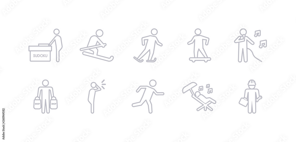 simple gray 10 vector icons set such as repairing, resting, running, screaming, shopping, singing, skateboarding. editable vector icon pack simple gray 10 vector icons set such as repairing, resting, running, screaming, shopping, singing, skateboarding. editable vector icon pack