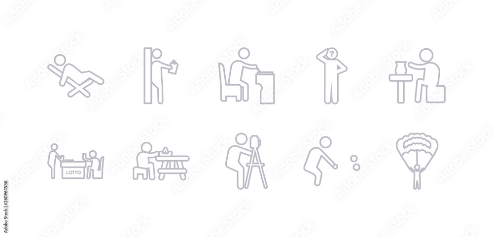 simple gray 10 vector icons set such as parachuting, petanque, photography, picnic, playing lotto, pottery, questioning. editable vector icon pack simple gray 10 vector icons set such as parachuting, petanque, photography, picnic, playing lotto, pottery, questioning. editable vector icon pack