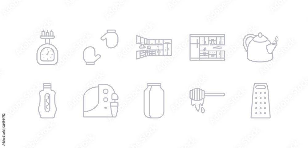 simple gray 10 vector icons set such as grater, honey dipper, jar, juicer, ketchup, kettle, kitchen. editable vector icon pack simple gray 10 vector icons set such as grater, honey dipper, jar, juicer, ketchup, kettle, kitchen. editable vector icon pack