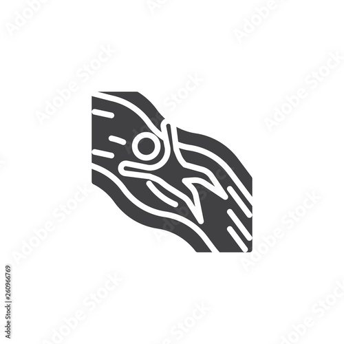 Boy on water slide in aqua park vector icon. filled flat sign for mobile concept and web design. Man slide down in aquapark glyph icon. Symbol, logo illustration. Pixel perfect vector graphics