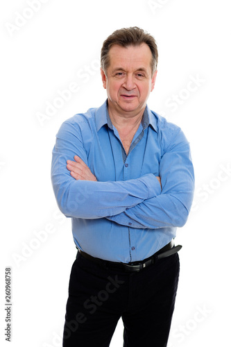 Happy and smile old mature businessman in shirt. Crossed his arms over his chest, isolated on white background. Positive human emotion, facial expression