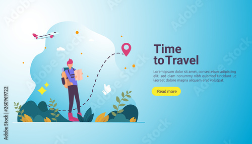 backpacker travel adventure concept. outdoor vacation recreation in nature theme of hiking, climbing and trekking with people character. template for landing page, banner, poster, ad or print media