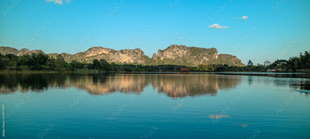 landscape with lake and blue sky