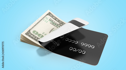 concept of cash withdrawal payment by card dollar bills fall out of the card 3d render on blue