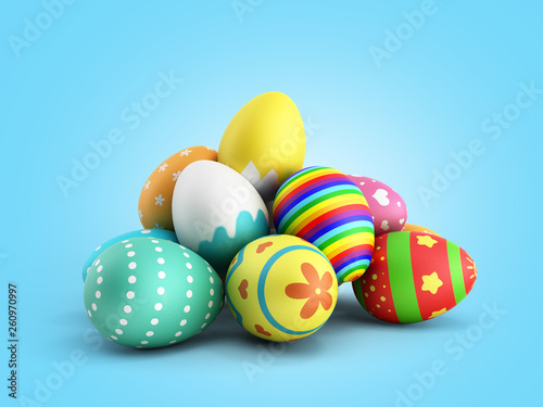 Perfect colorful handmade easter eggs 3d render on a blue gradient