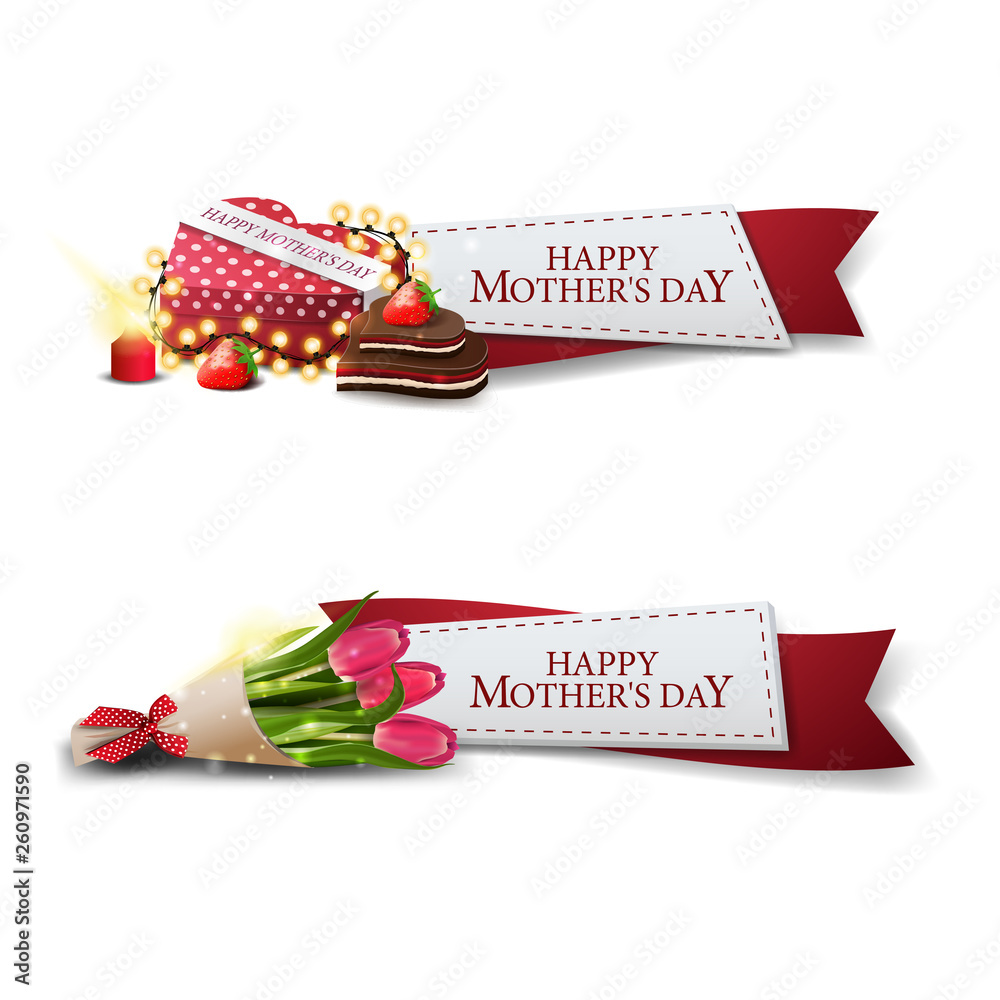Fototapeta premium Clickable mother's day banner for website in the form of ribbons with gift in the shape of a heart and bouquet of tulips
