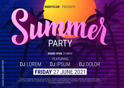Summer disco poster in trendy neon colors. Vector background.