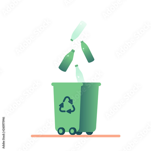 Waste management concept with Green Bin with glass bottles for recycling. Vector illustration of remove glass waste in flat style isolated from white background