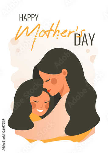 Vector greeting card for Happy Mother's day of Cute young mother embracing her daughter with love.