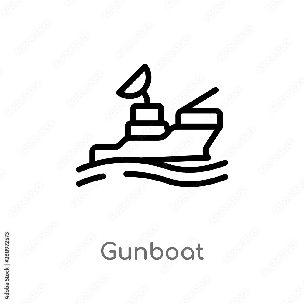 outline gunboat vector icon. isolated black simple line element illustration from nautical concept. editable vector stroke gunboat icon on white background outline gunboat vector icon. isolated black simple line element illustration from nautical concept. editable vector stroke gunboat icon on white background