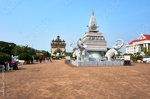 Elephant statue out of cups and plates next to Patuxai Victory Monument The One Attractive Landmark of Vientiane City of Laos.
