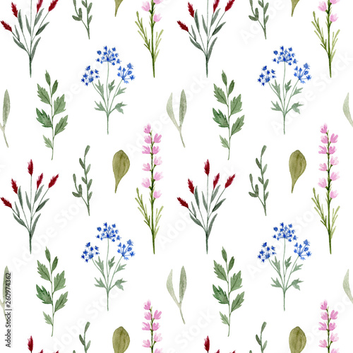 Seamless pattern watercolor wildflowers isolated on white background. Hand drawn painted flowers illustration. Summer disign