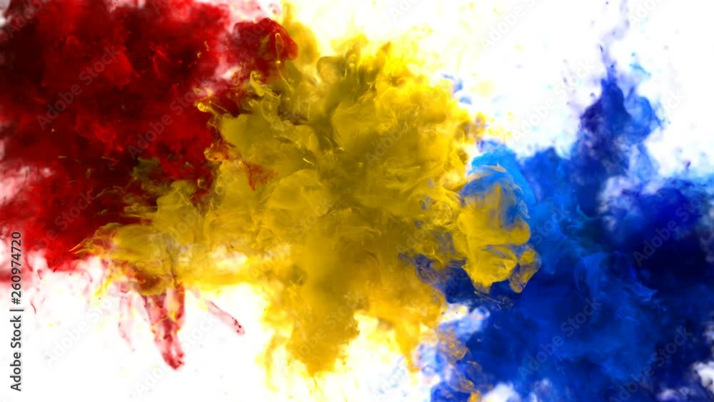 Red Yellow Blue Color Burst - Multiple colorful smoke powder explosion fluid ink particles slow motion alpha matte isolated on white
