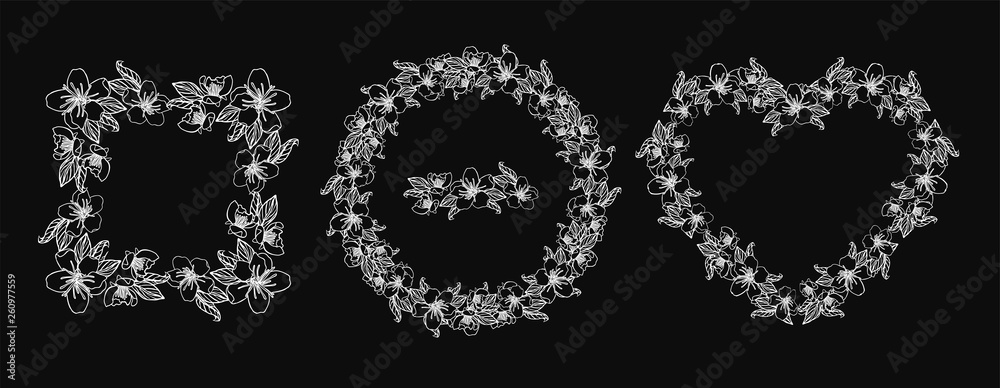 floral design element wreath from cherry flowers, isolated on black background. stock vector illustration.