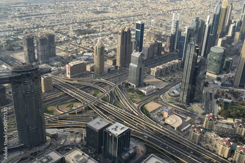 Dubai, UAE - February 10 2019: Beautiful Dubai cityscape, bird's eye view on the urban scene taken from Burj Khalifa - Stunning modern city panoramic landscape, United Arab Emirates